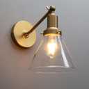 PERMO Industrial Vintage Slope Pole Wall Mount Single Sconce with Funnel Flared Clear Glass Shade Wall Sconce Light Lamp Fixture Hardwired (Antique Gold)