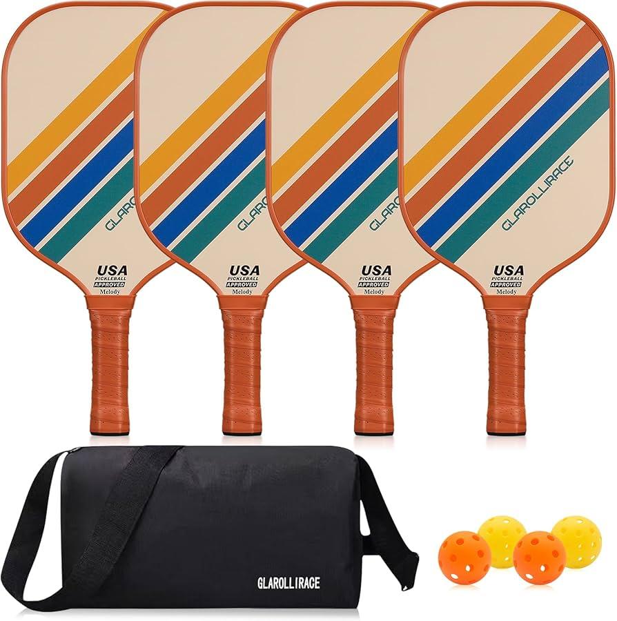 Pickleball Paddles Set of 4 Pickle Ball Rackets, USAPA Approved Pickleball Set of 4 Paddles, Fiberglass Surface & 13MM PP Honeycomb Core, Breathable Handle, 4 Indoor & Outdoor Balls, 1 Pickleball Bag