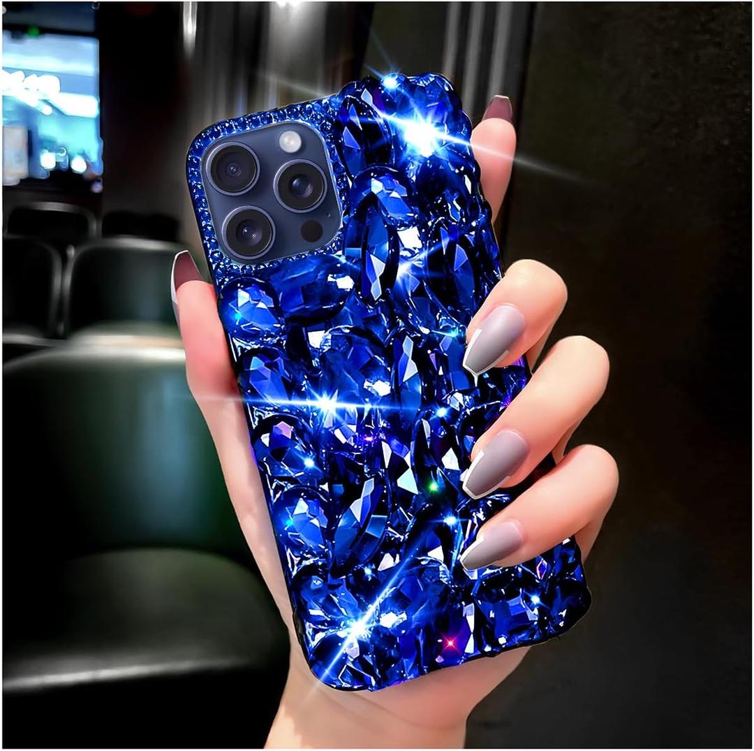 Cavdycidy for iPhone 16 Pro Max Case for WomenVery Shiny Luxury Bling Phone Case with 3D Glitter Sparkle Crystal Rhinestone Diamond GemsSoft TPU Bumper Cover for Girly GirlsBlue