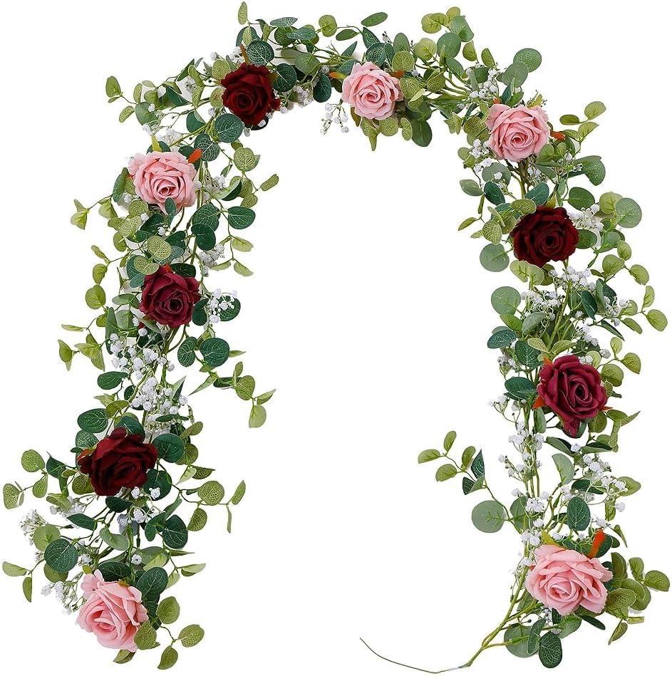 Anna's Whimsy 2PCS 5.91FT Artificial Eucalyptus Garland with Flowers, Fake Rose Gypsophila Garlands, Faux Floral Greenery Garland for Wedding Spring Home Party Table Runner DecorDusty Pink
