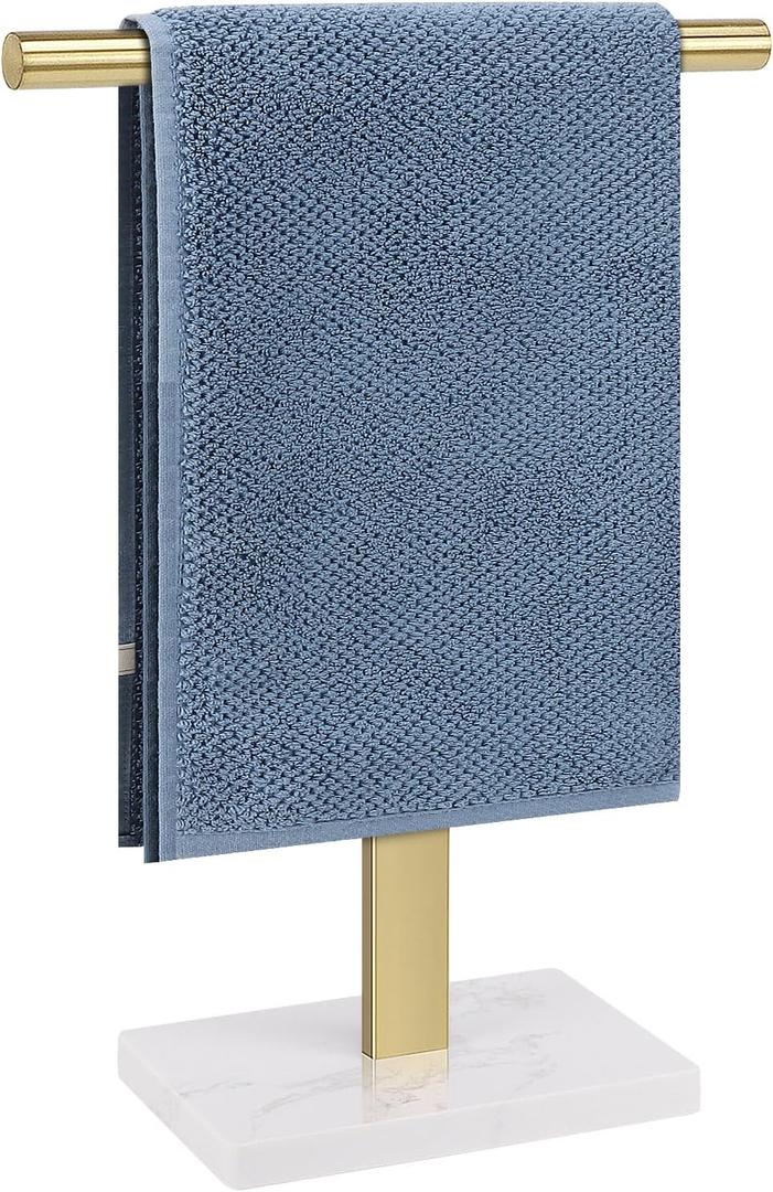 Hand Towel Holder, T-Shape Hand Towel Stand for Bathroom, Hand Towel Rack Bar Standing for Vanity Kitchen Countertop, 304 Stainless Steel (Marble Base, Gold)