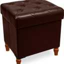 CAROLMADE Folding Storage Ottoman Cube PU Leather Footstool with Wood Legs Ottoman Footrest for Living Room and Bedroom Brown, 15x12.6 x 15.4