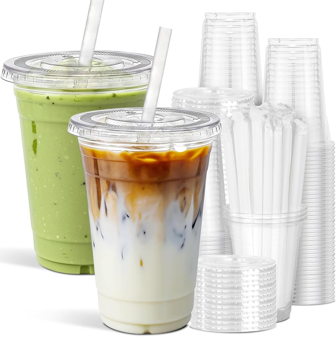 Ginkgo 100 Pack 24oz Clear Plastic Cups with Lids and Straws - Disposable Iced Coffee Cups for Smoothies, Lemonade