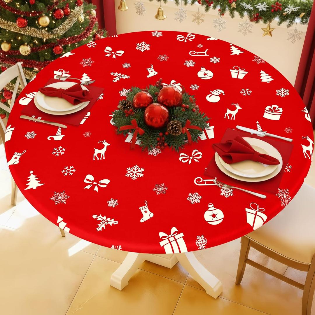 Round Spandex Christmas Tablecloth, Elastic Fitted Waterproof Tablecloths for 45"-56" Tables, Stretch Washable Picnic Table Cover for Christmas Dinner, Box Snowflake