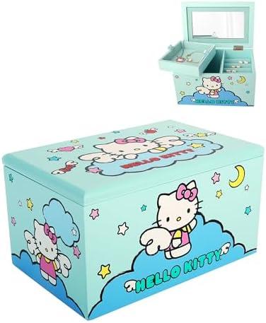 Hello Kitty Jewelry Box with Tray and Storage Official License, Blue Jewelry Box, Wood Jewelry Organizer, Sanrio Gifts (Blue)