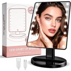 KOOKIN Lighted Vanity Makeup Mirror Led Lights 180 Degree Rotation Lighted Mirror Touch Screen Adjusted Brightness Desk Mirrors USB Dual Supply Bathroom Beauty Cosmetic Mirrors (Black)