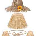 Geyoga 7 Pieces Scarecrow Costume Set Include Raffia Scarecrow Straw Kit Hat for Halloween Harvest Party Accessory (Linen Color)