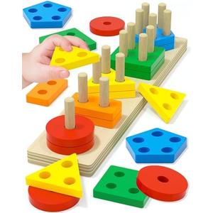 Montessori Toys for 1 2 3 Year Old Boy Girl, Toys for Ages 2-4 Toddlers Kids Baby, 1 2 Year Old Birthday Gifts, Wooden Learning Puzzles Shape Sorter Toy for Toddlers 1-3
