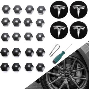 ROCCS Compatible with Model 3 S X Set Aero Wheel Cap Kit, Center Logo Emblem Modification Hub Cover with Cap Lug Nut Cover, Black+Silver