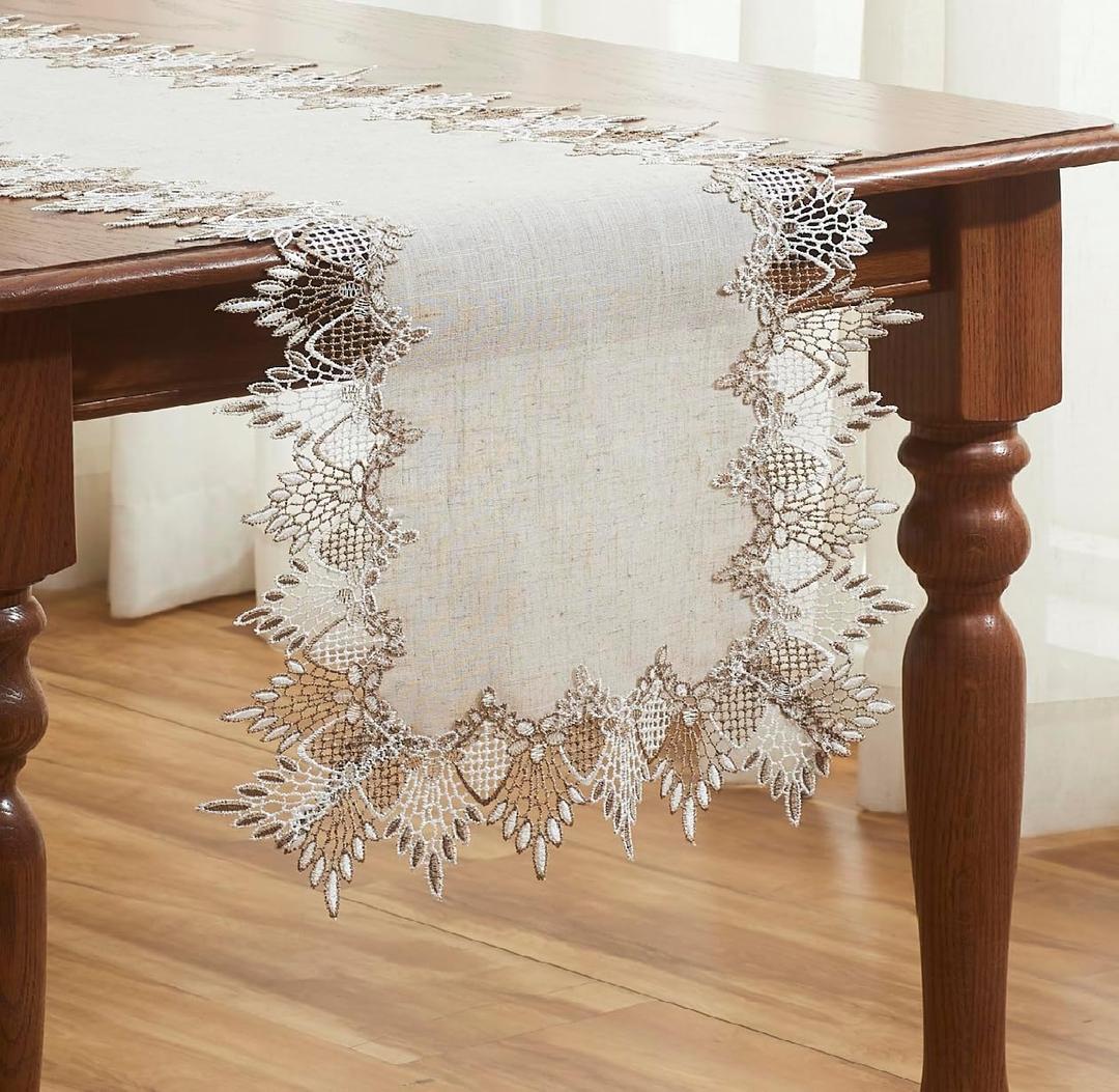 Natural Linen Table Runner 36 inches Neutral Earth Tones Beige Lace Coffee Table Runners Dresser Scarf for Spring Easter Summer Kitchen Wedding Party, Machine Washable