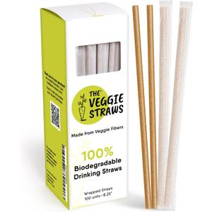 100 PCS of 8.25 Inches Individually Wrapped Biodegradable Straws  Made of Vegetable Fibers, Best Environment Friendly Drinking Straws for Hot and Cold Beverages