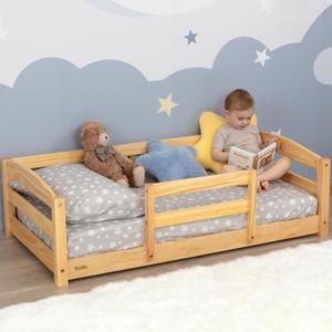 Toddler Bed with Rails | Low Montessori Floor Bed Frame for Kids | Standard Crib Size Wooden Frame for Independent Toddlers 1-3 - Varnished
