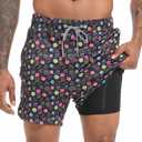 Mens Swim Trunks with Compression Liner, Mens Bathing Suit Mens Swimming Trunks 5.5 inch Inseam Dark Game Dice Board Shorts Swimwear, 4 Way Stretch Beach Shorts Quick Dry with Zipper Pockets, Medium (Black)