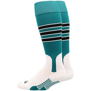 MadSportsStuff Baseball and Softball Stirrup Socks with Stripes Featheredge for Boys Girls Men Women Youth Adult Teams, (Teal/ Black/ White, Large)