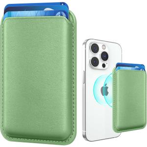 Magnetic Wallet Cell Phone Card Holder for Phone Case with Mag-Safe, Stronger Magnetic RFID Leather Phone Wallet Stick on Series of iPhone 17/16/15/14/13/12 and Pro/Promax, Light Green
