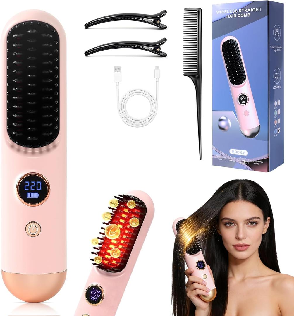 2026 Hair Straightener Brush, Cordless Hair Straightener Brush for Short Hair, Mini Portable Straightening Hair Comb Brush with 9 Temps Fast Heating for Women, Travel Size Hair Styling Tool (Pink)