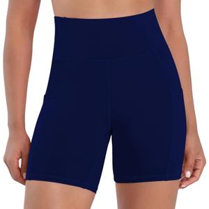 Biker Shorts Women High Waisted Tummy Control Yoga Workout Shorts with Pockets for Fitness Athletic Running Gym (Blue, XL)