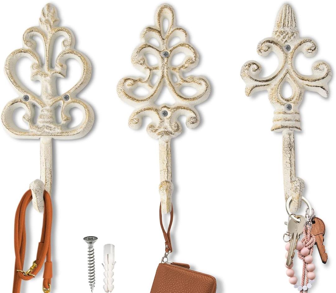 Shabby Chic Decorative Wall Hooks - Set of 3 - Cast Iron French Country Wall Decor - Farmhouse Hangers for Coats, Purses and More - Rustic White