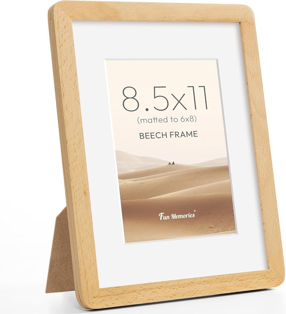 Fun Memories 8.5x11 Picture Frame - Solid Beech Wood Diploma & Certificate Frame, 8.5x11 Frame with Mat for 6x8 Photos, Awards & Achievements, Tabletop and Wall Display with Real Glass, Natural Beech