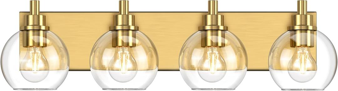 IZORRO Bathroom Light Fixtures, 4-Light Brushed Gold Vanity Light, Modern Wall Sconces with Globe Clear Glass Shade, Vanity Lighting Fixtures Over Mirror,E26 Bulb Socket