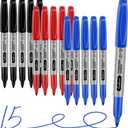 Fine Point Assorted Colors Permanent Markers Set, Waterproof, Works on Paper, Plastic, Metal, etc., for Adults, Artist, Teacher, Kids, Black, Blue, Red, 15 Count