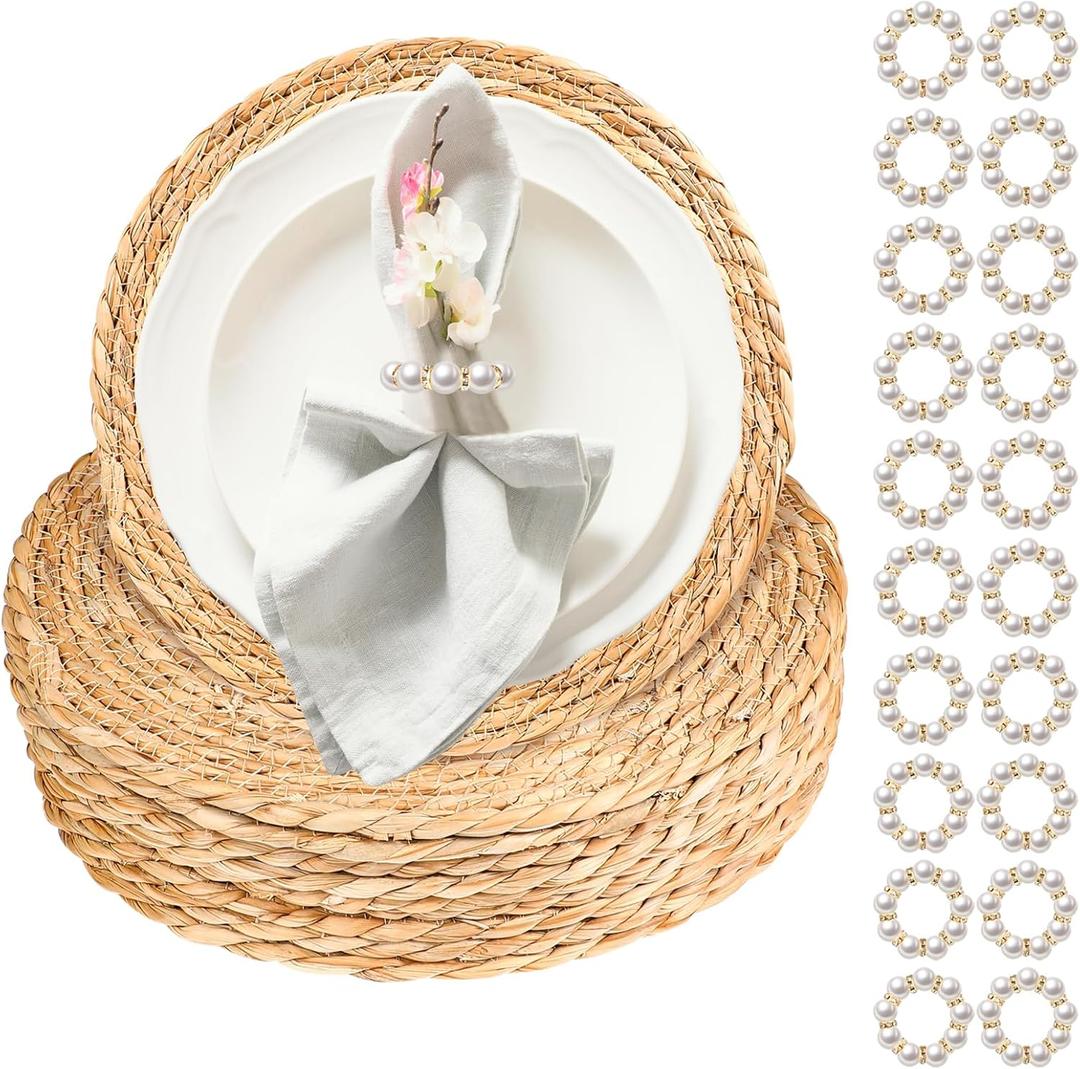 20 Pcs 12 Inch Round Woven Placemats with 20pcs Pearl Napkin RingsRattan Placemats Bulk Boho Woven Chargers Natural Water Hyacinth Place Mat for Wedding Party, Dinner Table