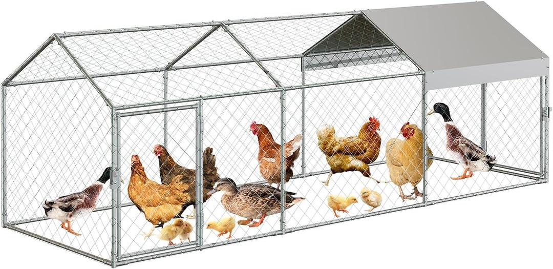 Large Metal Chicken Coop, 120" x 40" x 40" Chicken Run with Cover, Outdoor Walk in Poultry Cage, Metal Chicken Coop for Yard Farm Duck Rabbit Hen, Silver (Silver)