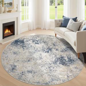 8ft Washable Round Rug - 8x8 Area Rugs Modern Abstract Rugs for Living Room Non-Slip Low Pile Soft Machine Washable Carpet for Bedroom, Living Room, Dining Room, Nursery, Farmhouse (8'x8' Beige Blue)