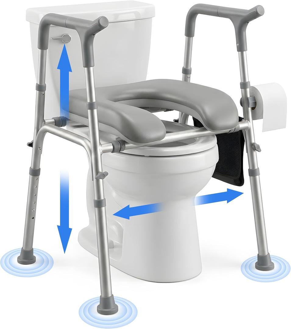 Ergonomic Raised Toilet Seat with Soft Cushion for Seniors, Adjustable Height & Width, Heavy-Duty Bariatric Toilet Seat Riser, Design for Post-Surgery & Elderly Support, Fits Round & Elongated Toilets