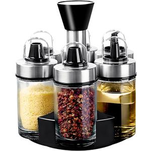 Mlici Oil and Vinegar Dispenser Set of 6 Bottles, Stainless Steel Salt Pepper Holder with 360 Rotating Holder, Cruet Soy Sauce - Premium Glass Condiment for Kitchen, Tabletop, Kitchen Containers
