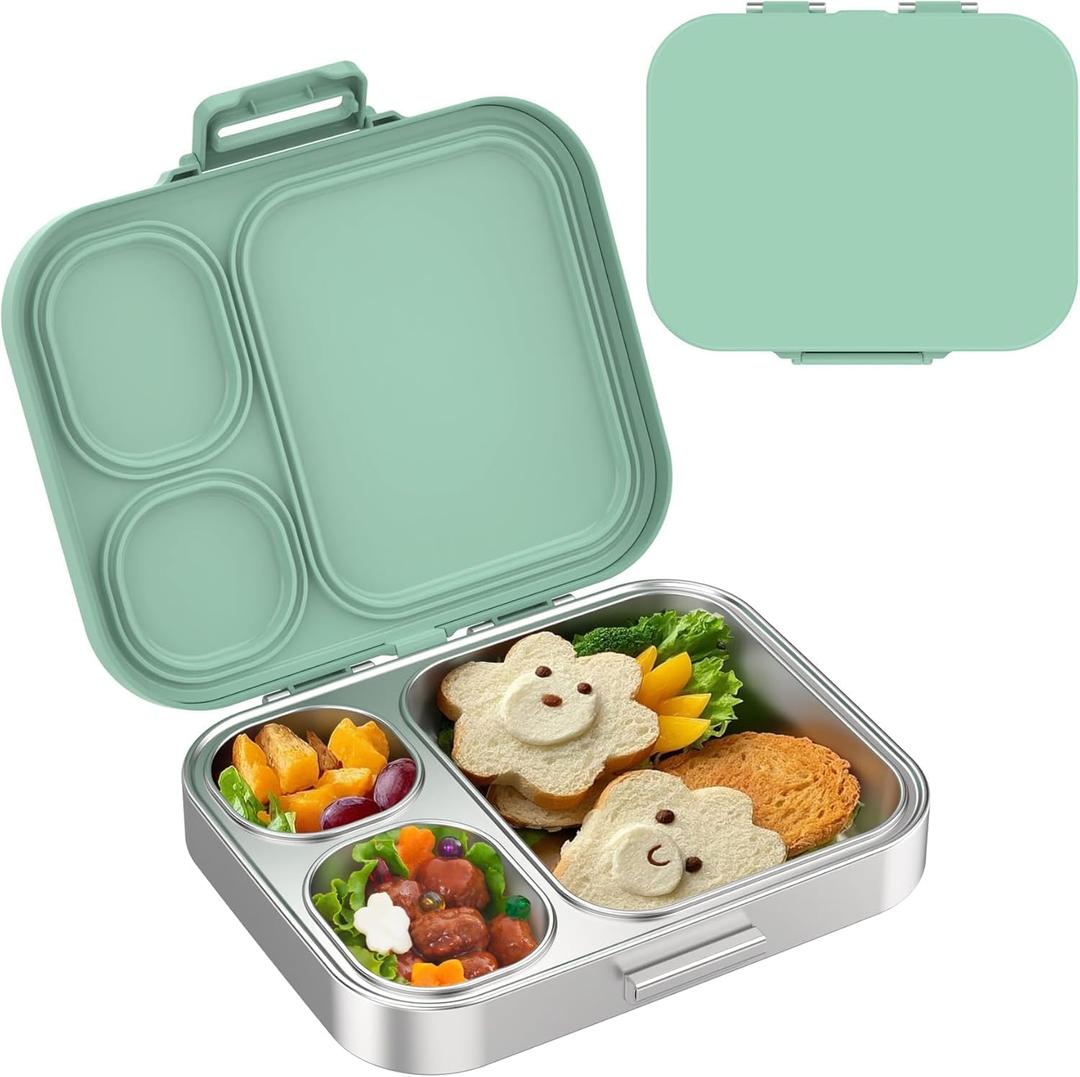 Stainless Steel Lunch Box: Metal Bento Box for Kids Adults - Leak-Proof 3 Compartments,Green