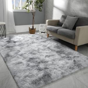 Hutha 5x8 Large Area Rugs for Living Room, Super Soft Fluffy Modern Bedroom Rug, Tie-Dyed Light Grey Indoor Shag Fuzzy Carpets for Girls Kids Nursery Room Home Decor (5x8 Feet, A-light Grey)