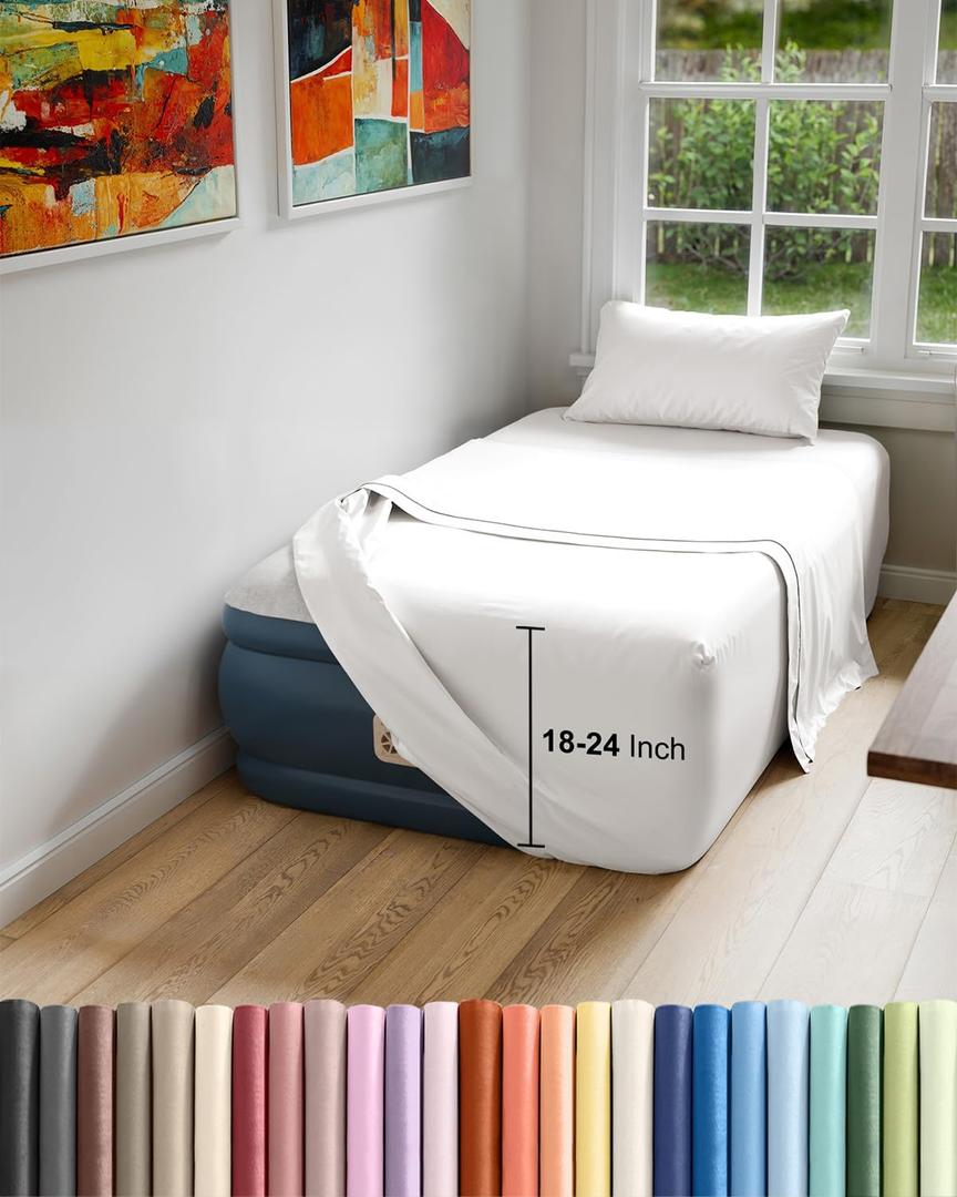 Air Mattress Sheet Set for Twin XL Size - 3 Piece Breathable & Cooling Sheets w/ Extra Deep Pockets - Fits Inflatable & Blow Up Air Mattresses 24 Inches Thick - Soft and Wrinkle Free - Antique White