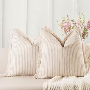 ZWJD Throw Pillow Covers 24x24 Set of 2 Striped Pillow Covers with Fringe Chic Cotton Decorative Pillows Square Cushion Covers for Sofa Couch Bed Living Room Farmhouse Decor (Khaki)