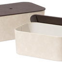 La Jolie Maison Storage Baskets with Lids, Stackable Storage Boxes Set of 2, Velvet Liner and Vegan Leather Lid, Decorative Box for Organizing Office Bedroom Shelf, Beige