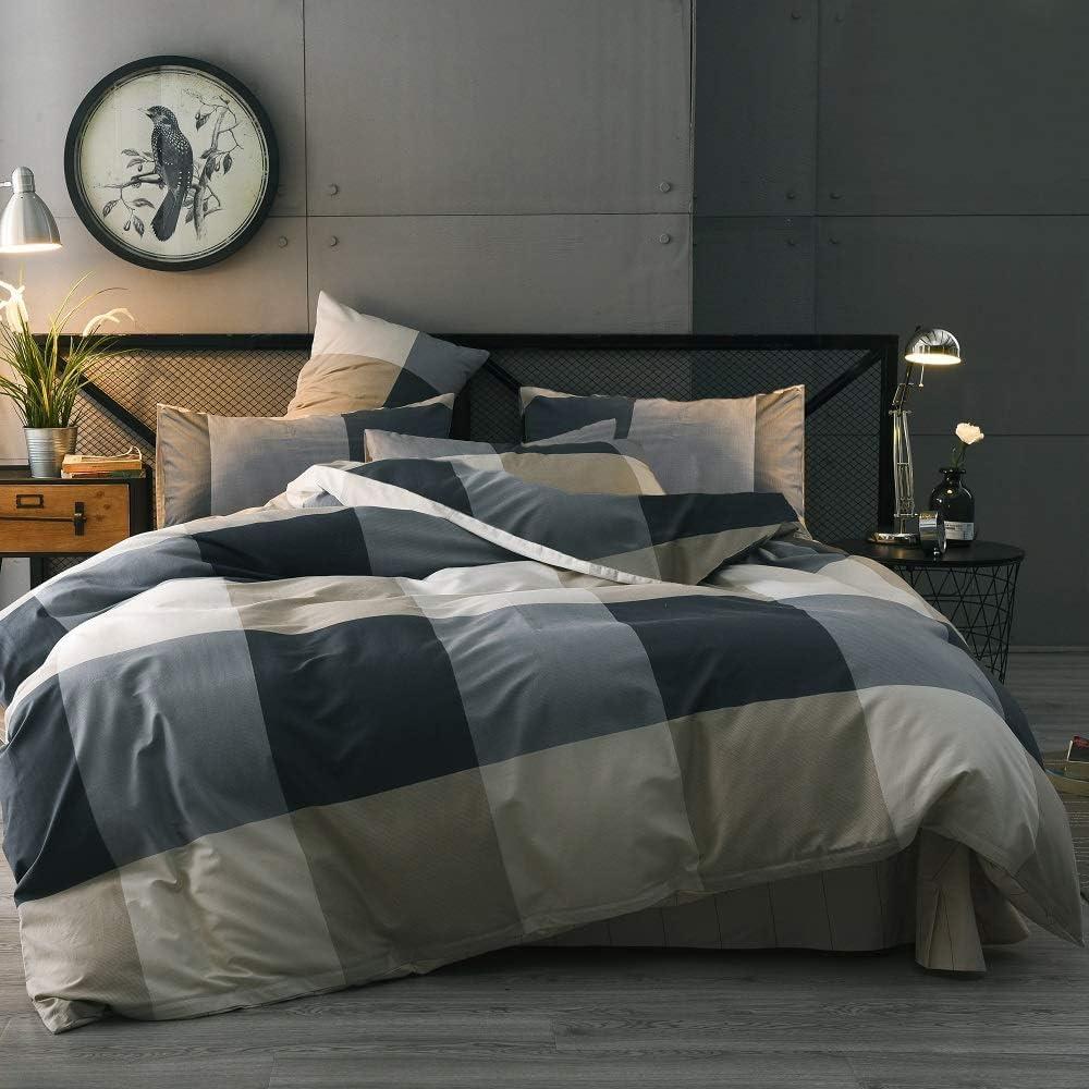 Queen Comforter Set Fluffy Plaid Checkered Pattern Comforter Set Modern Style Geometric Comforter with 2 Pillow Shams Grid Plaid Bedding Comforter for Boys Men All Season Queen Size Bed Comforter Set (Queen (90"x90"))