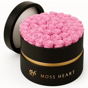 50 Petite Preserved Roses, Designer Round Box, Real Forever Roses Last 1+ Year, Premium Gift for Women, Wife, Girlfriend, Mothers Day, Birthday, Anniversary, Valentines Day (Pink)