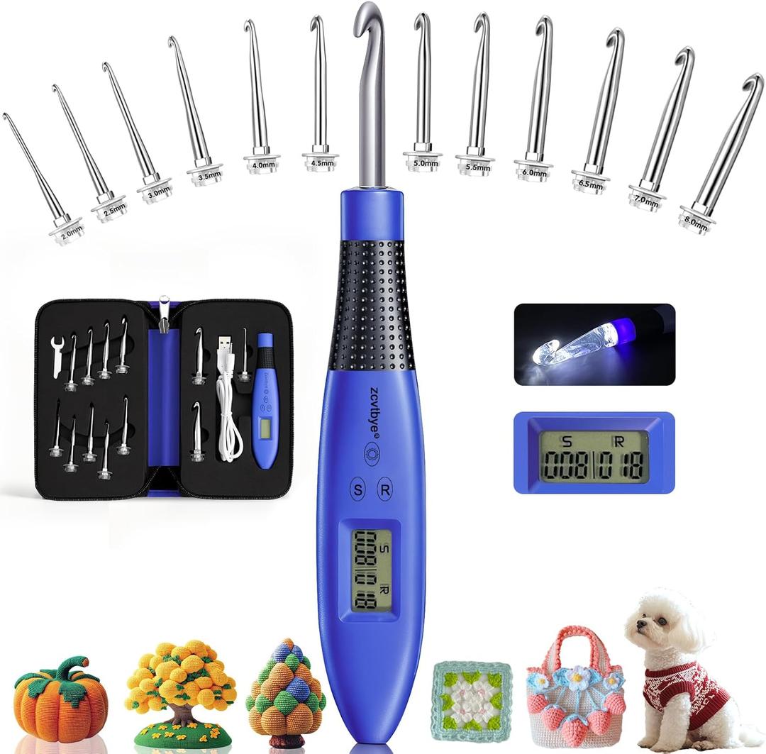 Zcvtbye 12 Size Counting Crochet Hook for Beginners, Lighted Led Digital Row Stitch Counter with Ergonomic Soft Handle, Interchangeable Metal Hook Heads, USB Rechargeable for Dark Yarn (Blue)