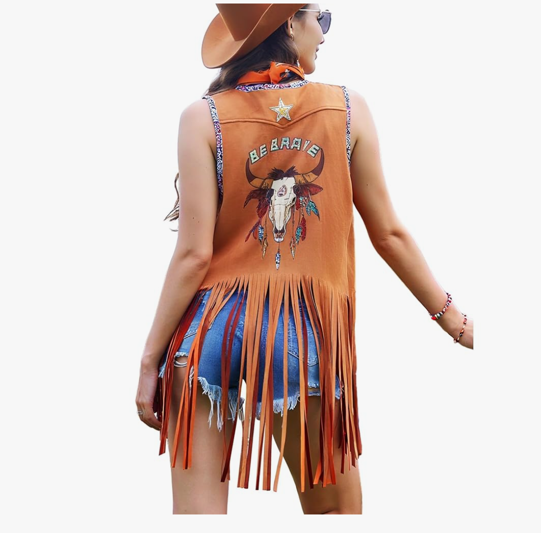Women Tassel Sleeveless Rhinestone Cowgirl Vest 70s Hippie Faux Suede Fringe Jacket XL