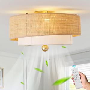 Flush Mount Ceiling Fan with Lights, 20" Caged Boho Ceiling Fan with Light Remote Control, Low Profile Bladeless with 6 Speeds, Drum Rattan Fabric for Bedroom, Nursery, Dining Room, Living Room