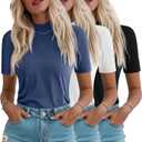 Ficerd 3 Pack Women's 1/2 Sleeve Mock Turtleneck Shirts, Elbow Length Shirt Half Sleeve Tunic Top Casual Summer Basic Tees (X-Large, Black, White, Haze Blue)