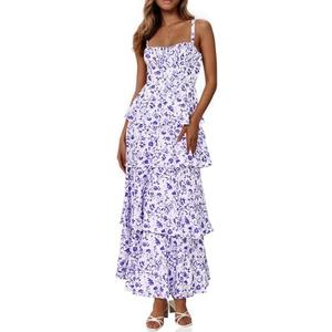 Fisoew Womens Floral Maxi Dresses Spaghetti Strap Casual Sleeveless Ruffle Flowy Tiered Dress, 29.5x38