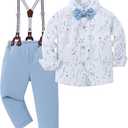 Toddler Baby Boy Clothes Suit Gentleman Wedding Outfits Formal Dress Shirt+Bowtie+Suspender Pants, Light Blue 3-4T