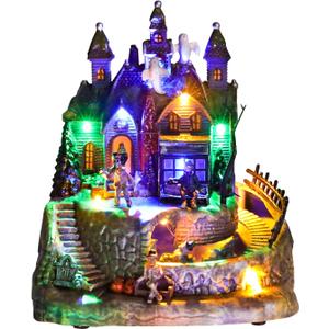 Halloween Decorations Indoor 9 Inch 3AA Batteries/USB LED Lights Moving Train Haunted House Halloween Music Village Sets