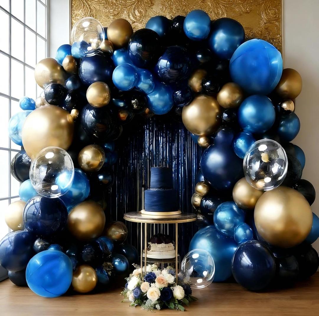 Navy Blue Black Balloon Arch Double Stuffed Dark Royal Blue Black Gold Balloon Garland Kit Banner Fringe Curtain Foil Balloons for Birthday Graduation Wedding Anniversary Space Baby Shower Decor