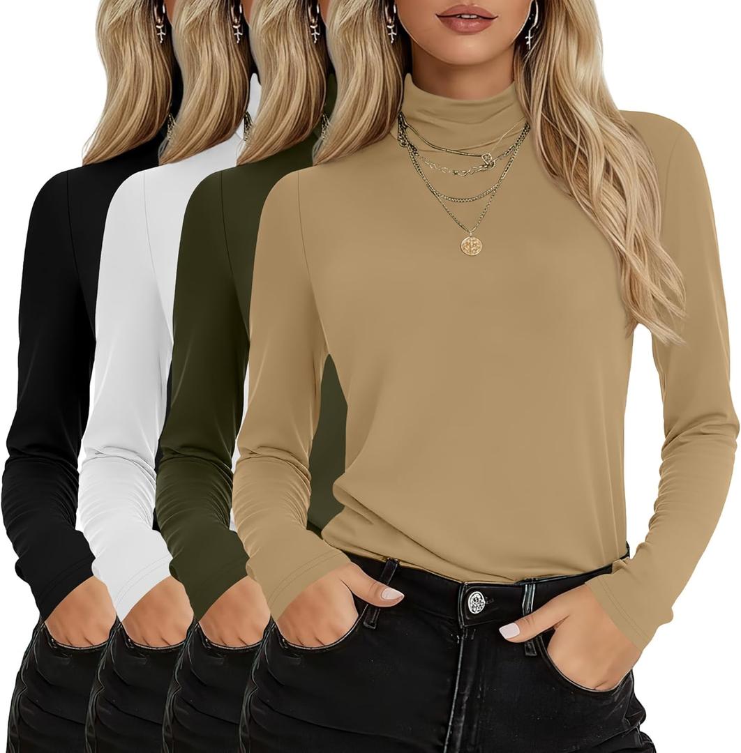 4 Pack Women's Turtleneck Cotton Long Sleeve Tops Casual Loose Fit Shirts Basic Tunic Trendy Undershirt Tee (Size XL, Black, White, Khaki, Army Green)