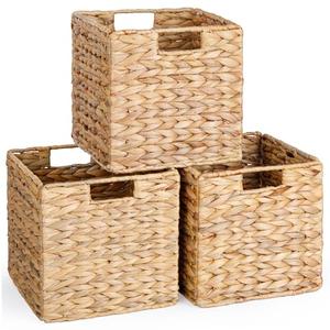 10.5x10.5 Water Hyacinth Storage Baskets, Collapsible Square Wicker Baskets Cube Storage Bins for IKEA Kallax, Set of 3