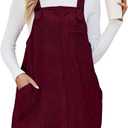 Flygo Women's Corduroy Jumper Overall Pinafore Midi Dress Skirt with Pockets (Medium, Burgundy)