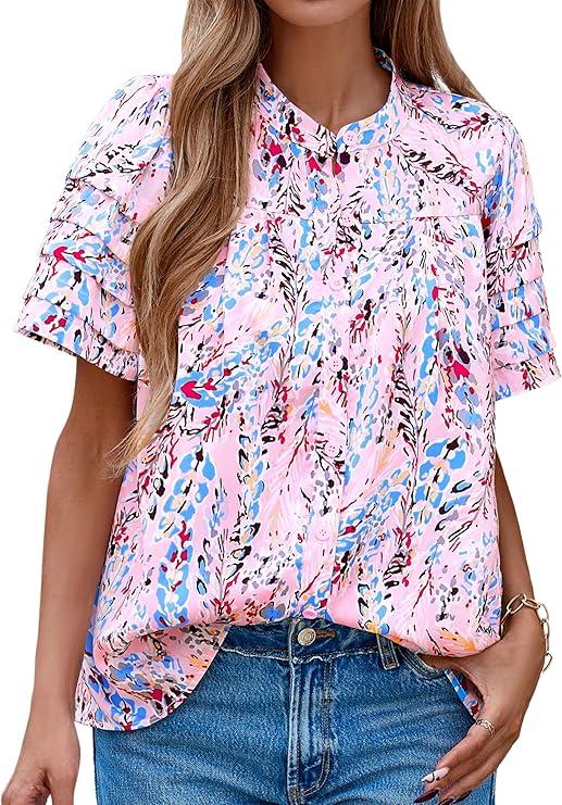 MASCOMODA Womens Tops Summer Boho Floral Short Sleeve Button Down Shirts Crewneck Loose Vacation Dressy Casual Work Blouses M