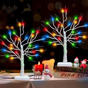 TURNMEON 2 Pack Prelit Lighted Birches Tabletop Christmas Tree with 48 Multicolor Lights, Mini Small Christmas Tree Battery Operated, Adjustable Branches, Home Xmas Indoor Table Decor 18 Inch